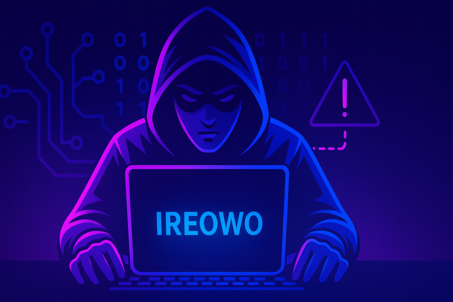 Neon sci-fi illustration of a hacker trying to breach a computer system labeled IREOWO, symbolizing strong cybersecurity and unhackable fraud prevention for marketplaces.