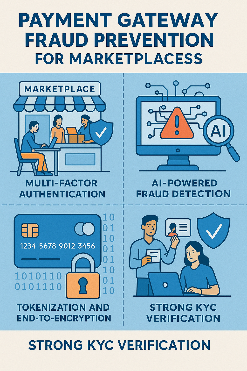 Infographic showing key strategies for payment gateway fraud prevention for marketplaces, including multi-factor authentication, AI-powered fraud detection, tokenization, and strong KYC verification.