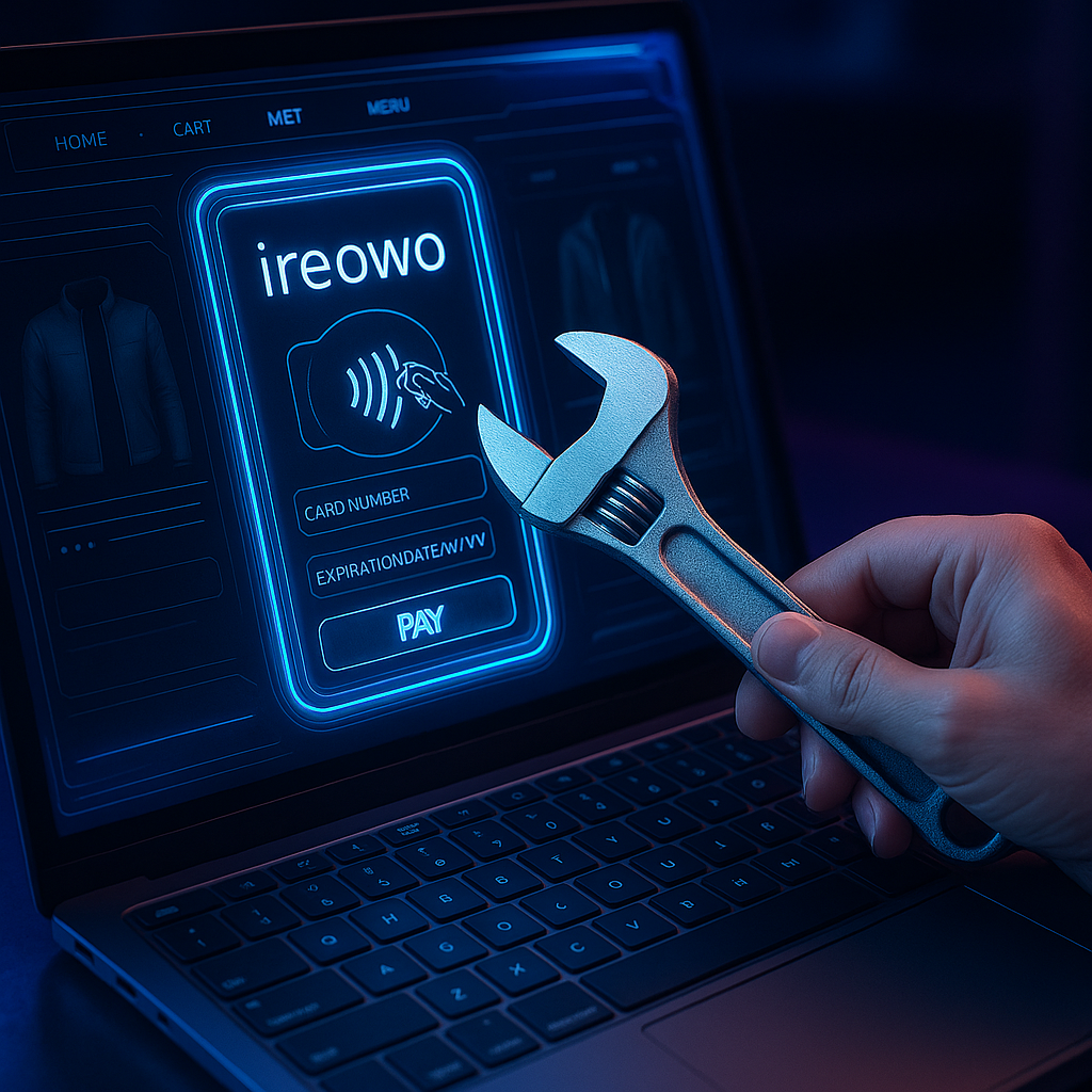 Hand holding a wrench near a futuristic Ireowo payment interface on a laptop, symbolizing Ireowo support and customer service.
