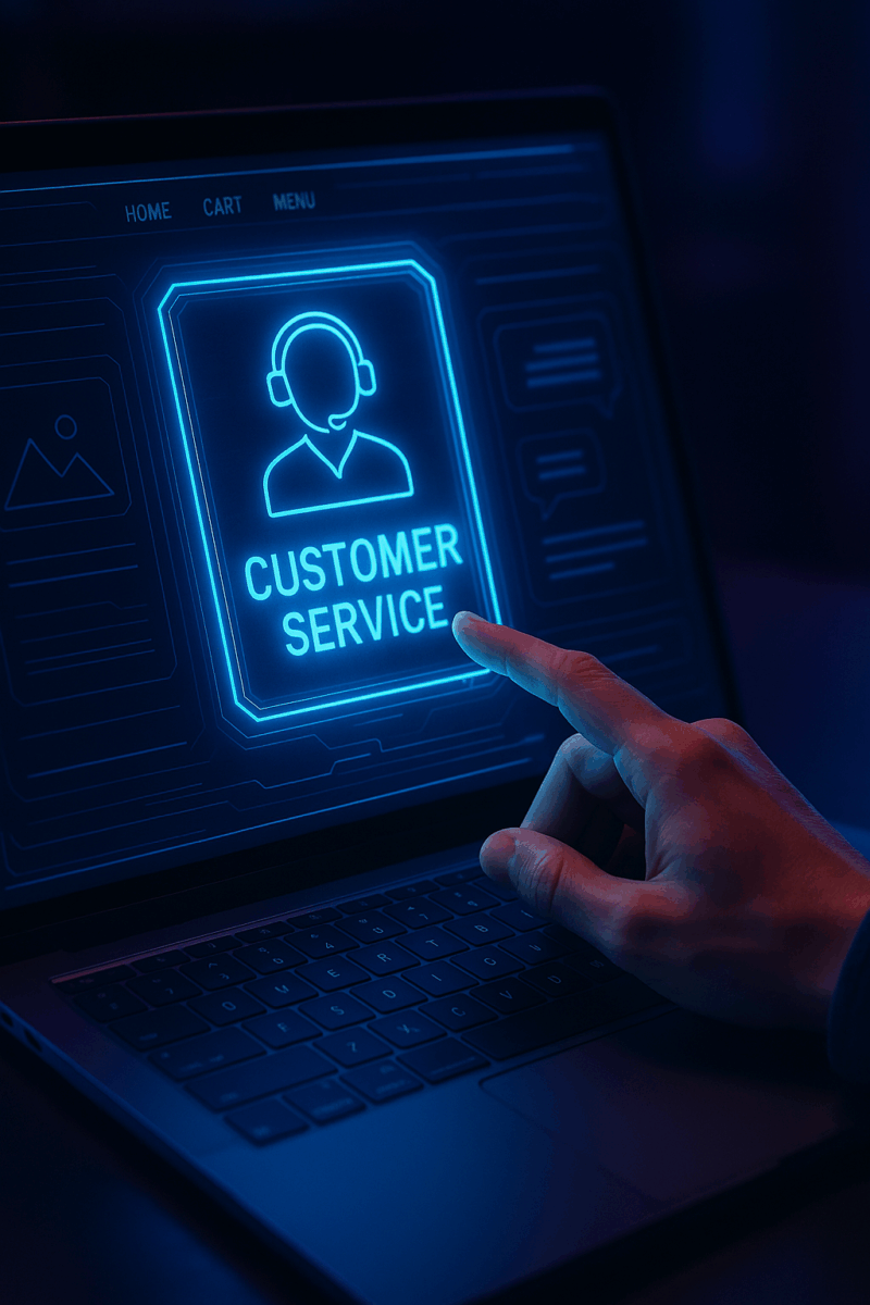 User interacting with a neon blue holographic Customer Service panel on a laptop, illustrating Ireowo contact and customer support.