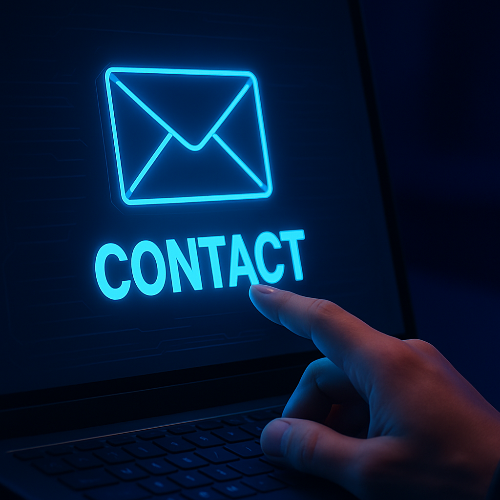 Hand interacting with a laptop screen showing a glowing CONTACT button on a payment platform contact page.