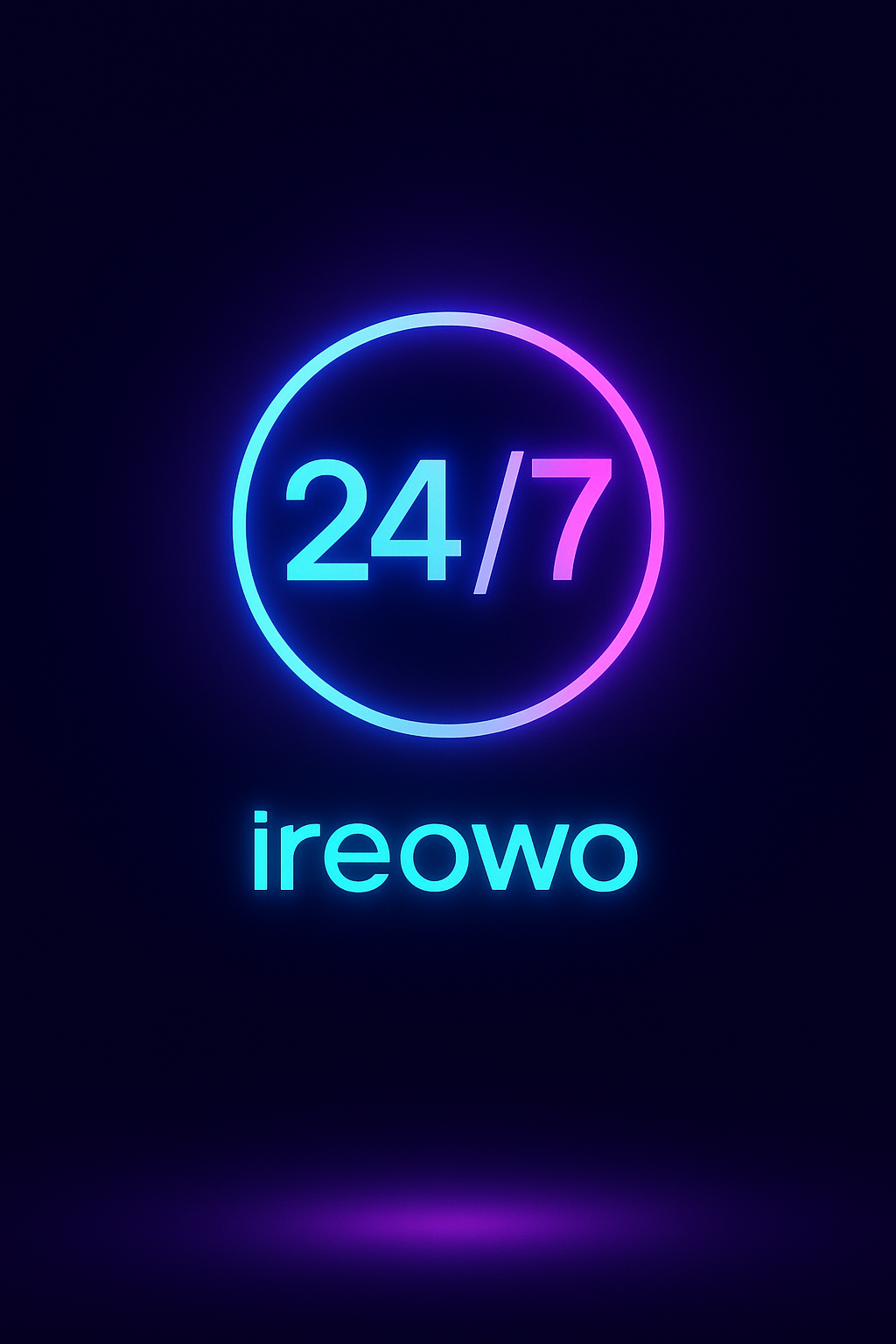 Neon 24/7 sign glowing in blue and purple above the Ireowo logo, symbolizing round-the-clock adult payment gateway service and support.