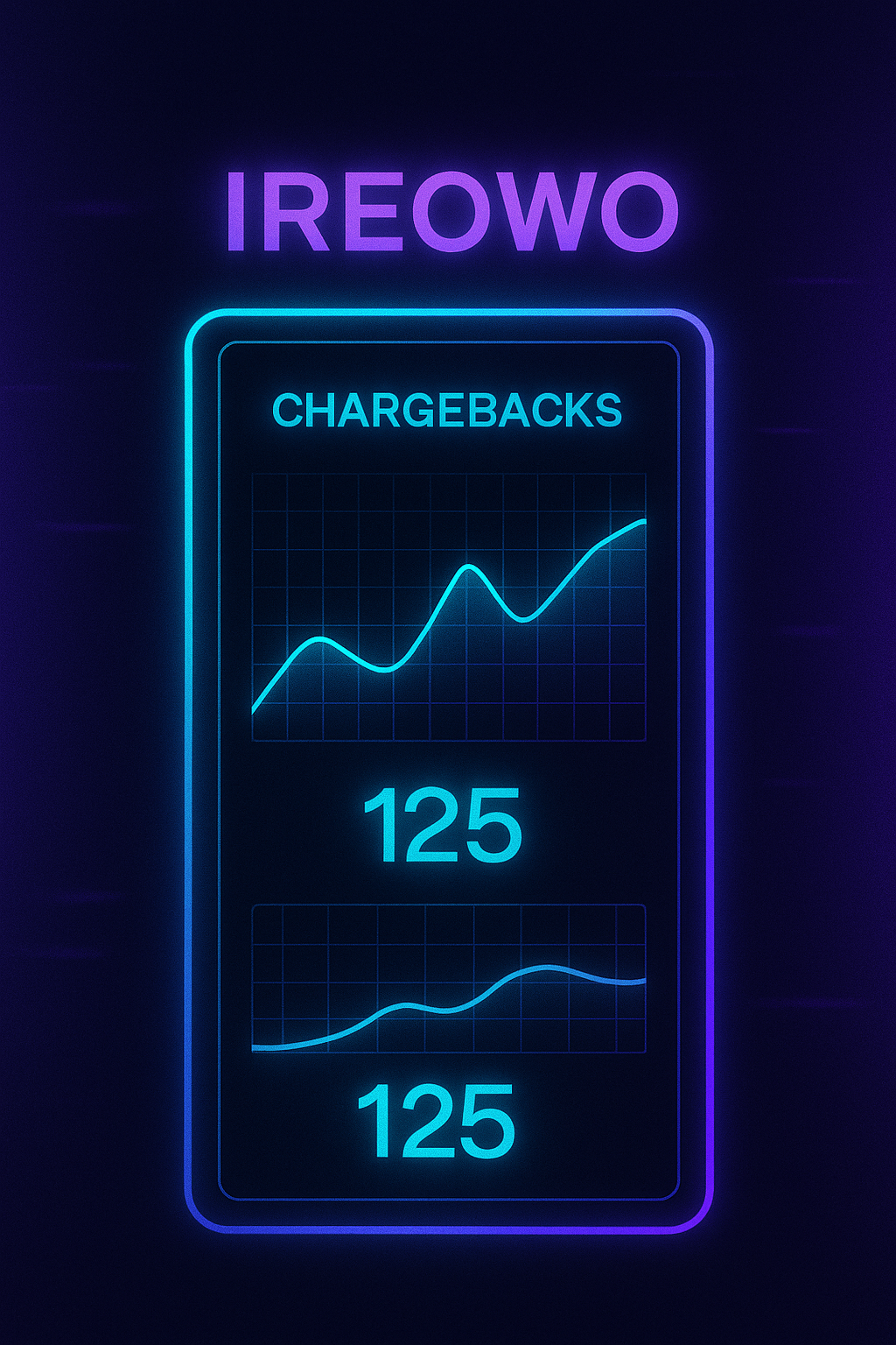 Futuristic neon sci-fi dashboard showing chargebacks and approval rate metrics in turquoise and blue tones, illustrating Ireowo’s adult payment gateway analytics.