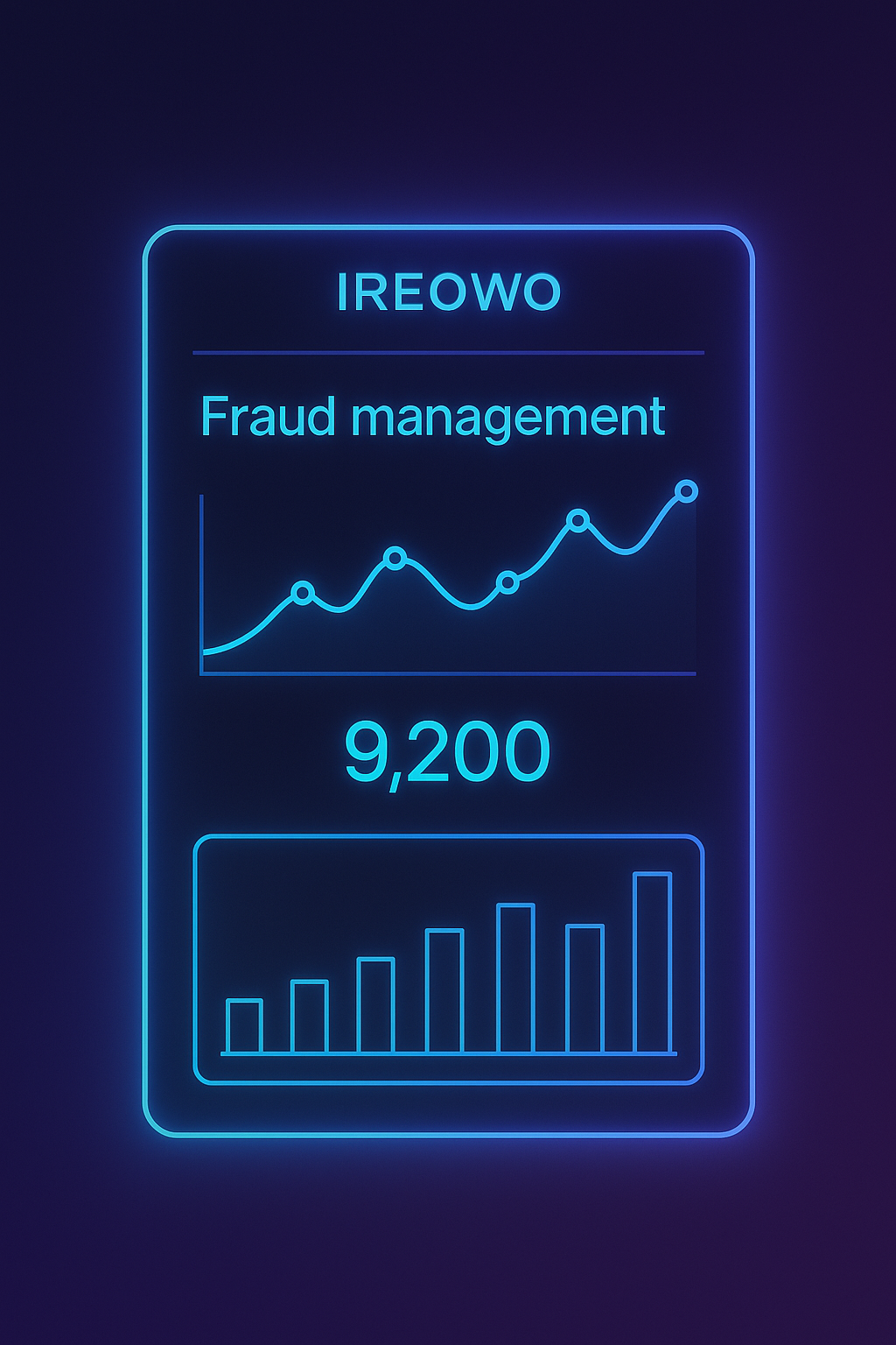 Futuristic neon dashboard displaying fraud management data with a value of 9,200, glowing in turquoise blue on a dark background, representing Ireowo’s adult payment gateway analytics.