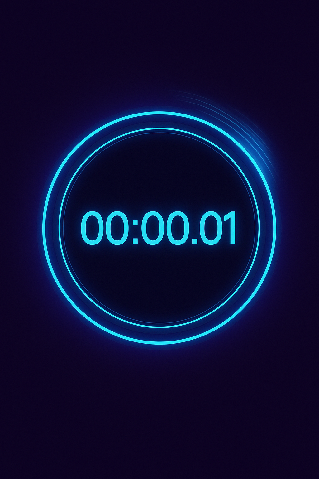 Futuristic neon stopwatch glowing in blue light, displaying 00:00:01, symbolizing instant approvals and fast processing in Ireowo’s adult payment gateway.