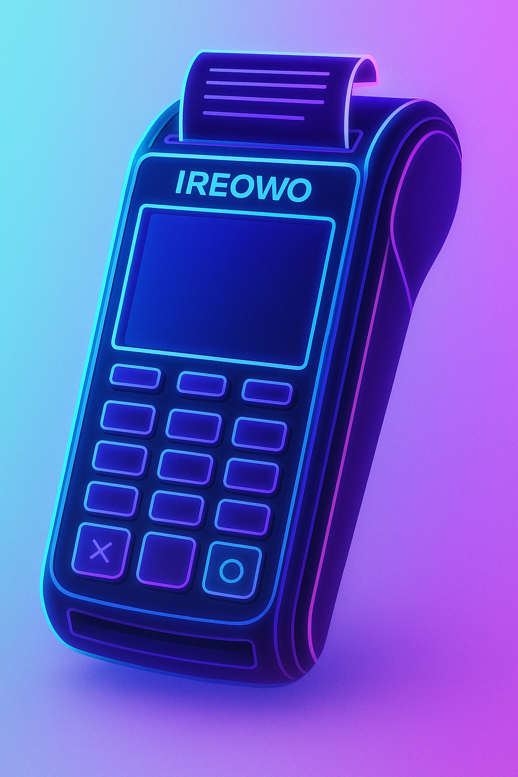 Futuristic neon blue and lilac POS terminal with the Ireowo logo, representing advanced adult POS solutions for secure and modern payments.