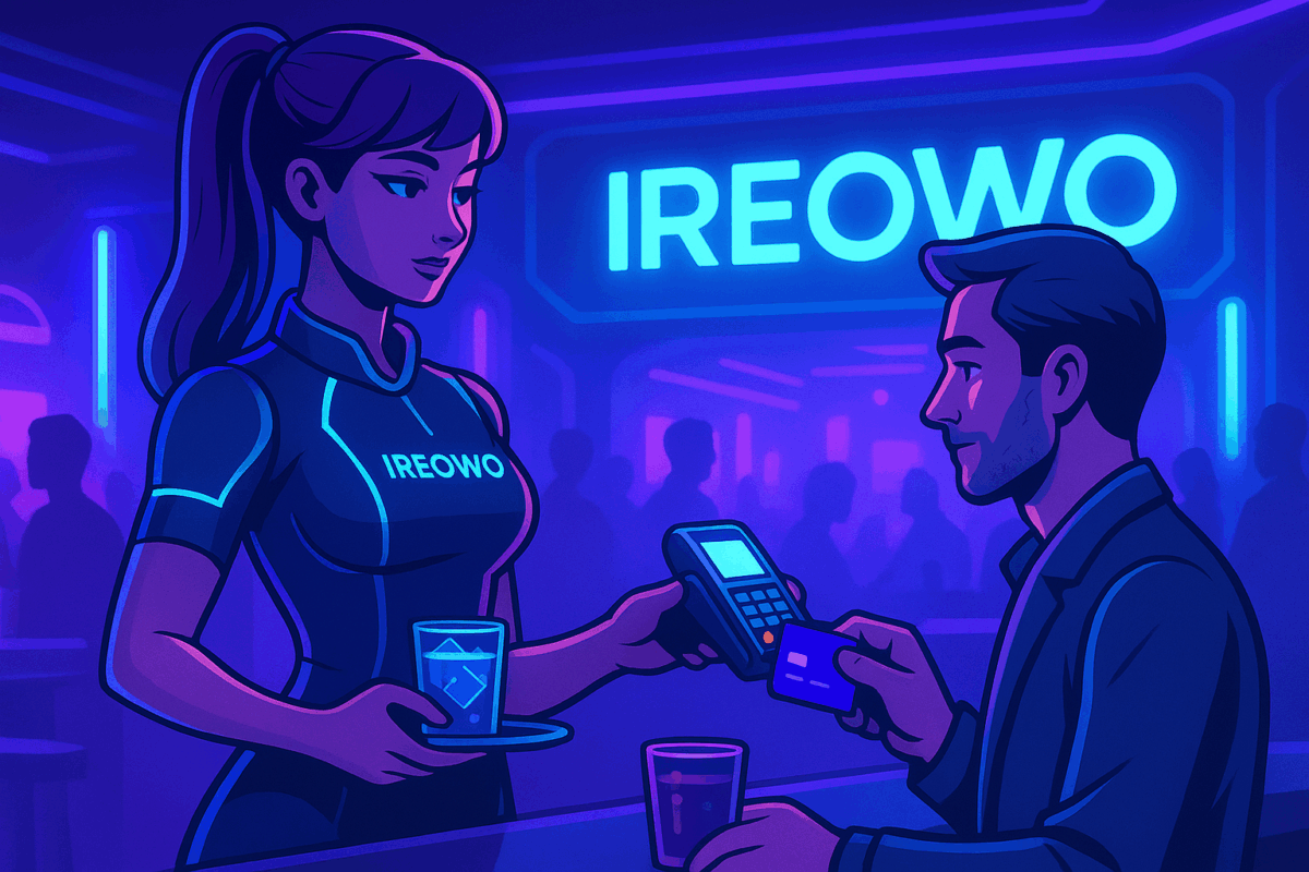 Futuristic neon nightclub scene with a waitress holding a POS terminal while a customer pays, representing Ireowo’s high risk adult merchant account solutions.