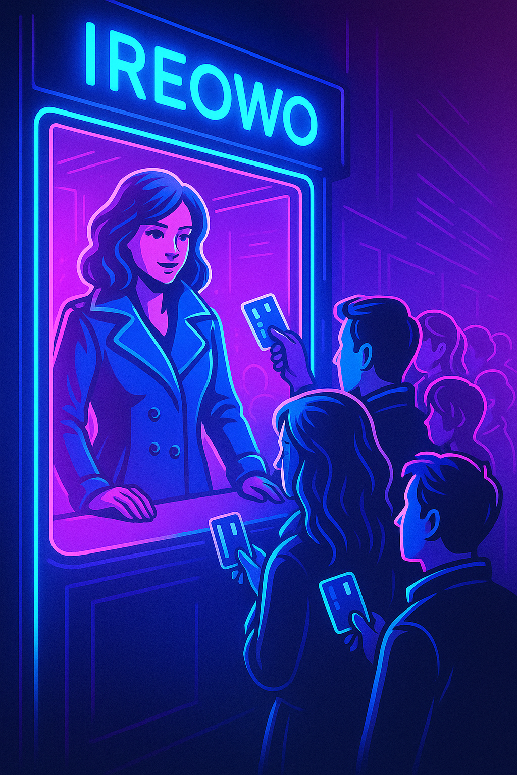 Futuristic neon illustration showing customers in line holding credit cards at an Ireowo booth, symbolizing secure onboarding for high risk adult merchant account services.