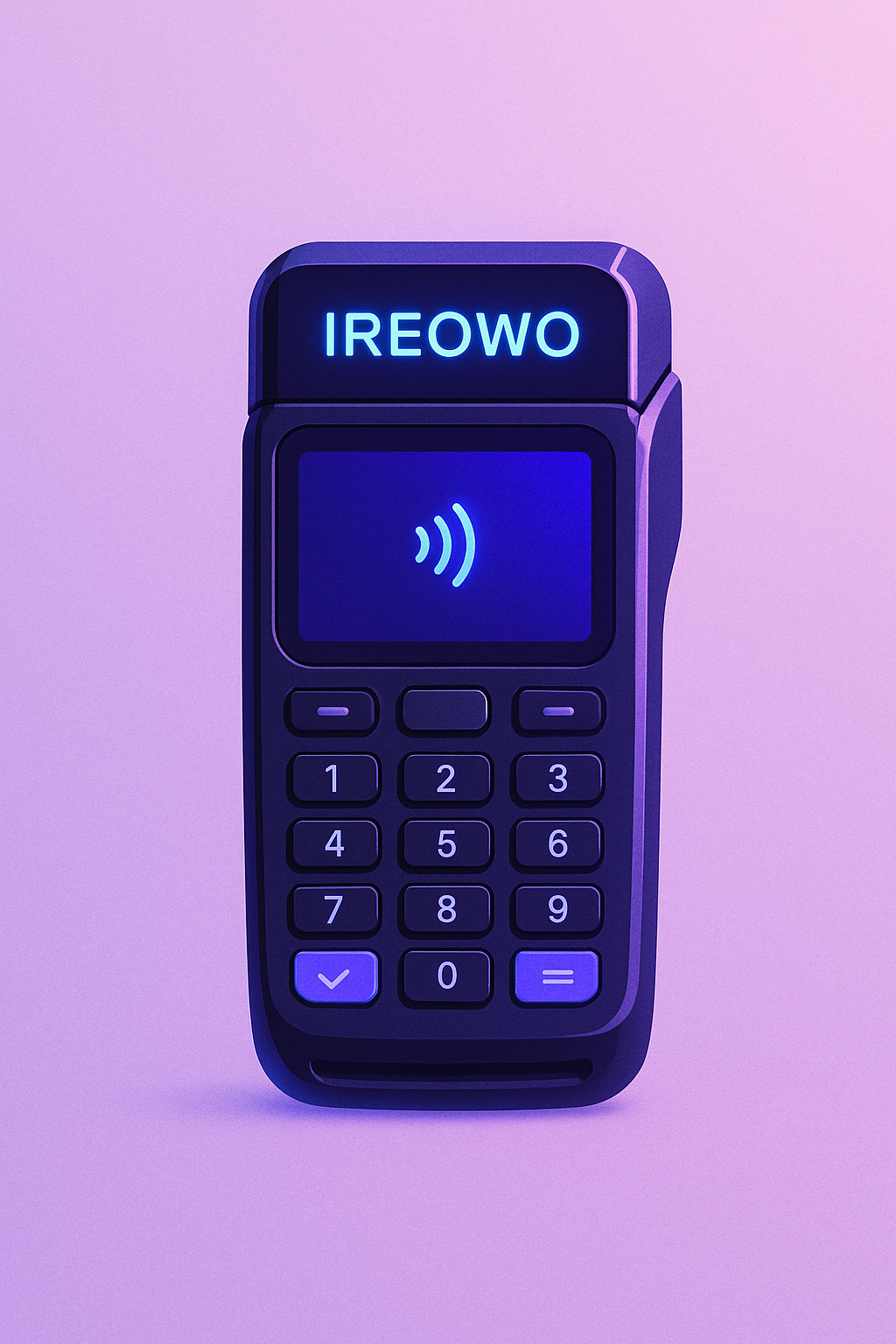 Portable futuristic POS device glowing in neon blue and lilac with the Ireowo logo, symbolizing compact adult POS solutions for secure transactions.
