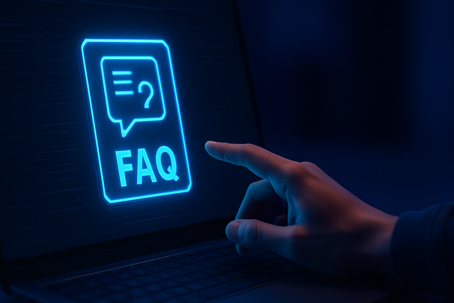 Hand interacting with a laptop screen displaying a glowing Payment gateway FAQs icon in a futuristic blue interface.