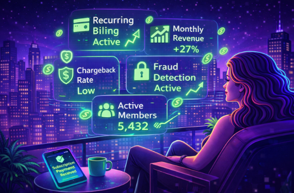Cyberpunk illustration of adult content creator managing recurring billing, subscription revenue growth, fraud detection and chargeback protection with a high-risk merchant account