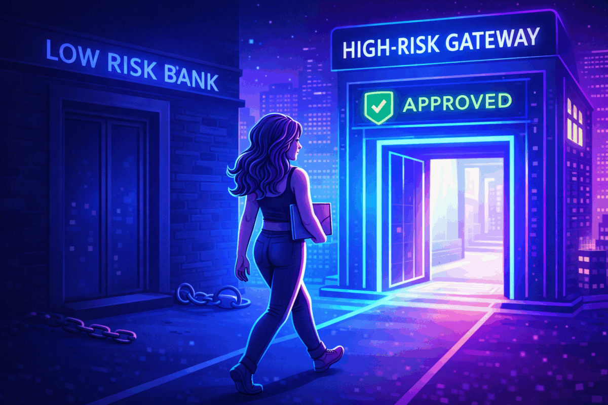 Cyberpunk illustration of an adult content creator leaving a low-risk bank and entering an approved high-risk payment gateway for NSFW merchant accounts