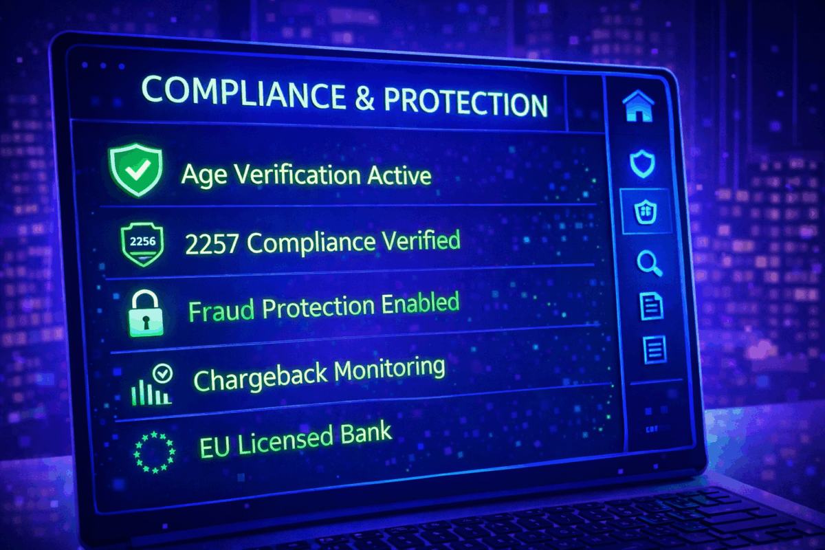 adult high risk merchant account dashboard showing 2257 compliance age verification fraud protection and chargeback monitoring