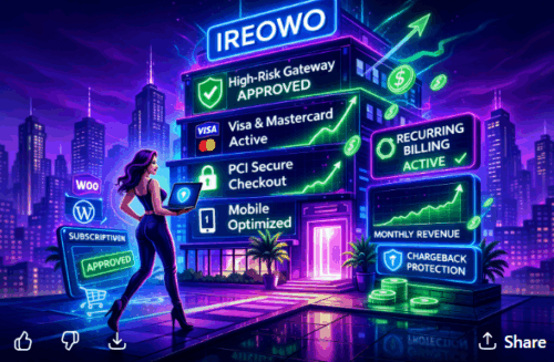 Neon cyberpunk illustration of Ireowo high-risk gateway approved for adult merchant accounts with recurring billing, PCI secure checkout and chargeback protection