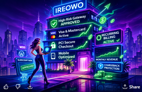 Neon cyberpunk illustration of Ireowo high-risk gateway approved for adult merchant accounts with recurring billing, PCI secure checkout and chargeback protection