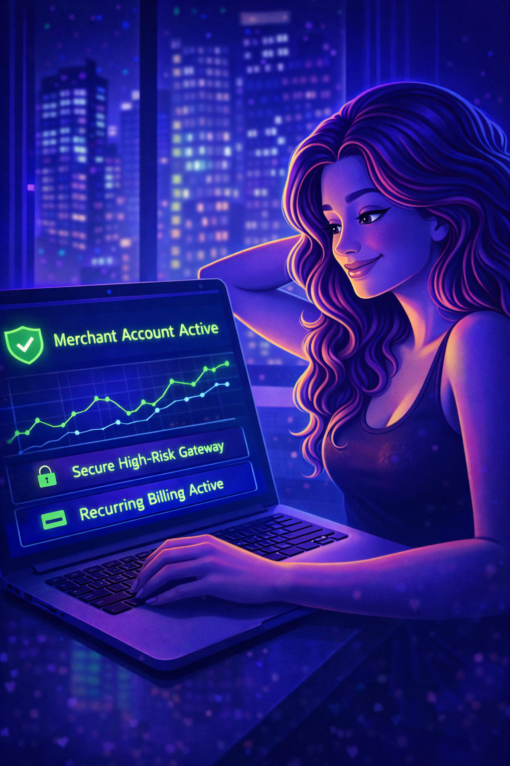 nsfw content creator viewing approved high risk merchant account dashboard with secure payment gateway and recurring billing active