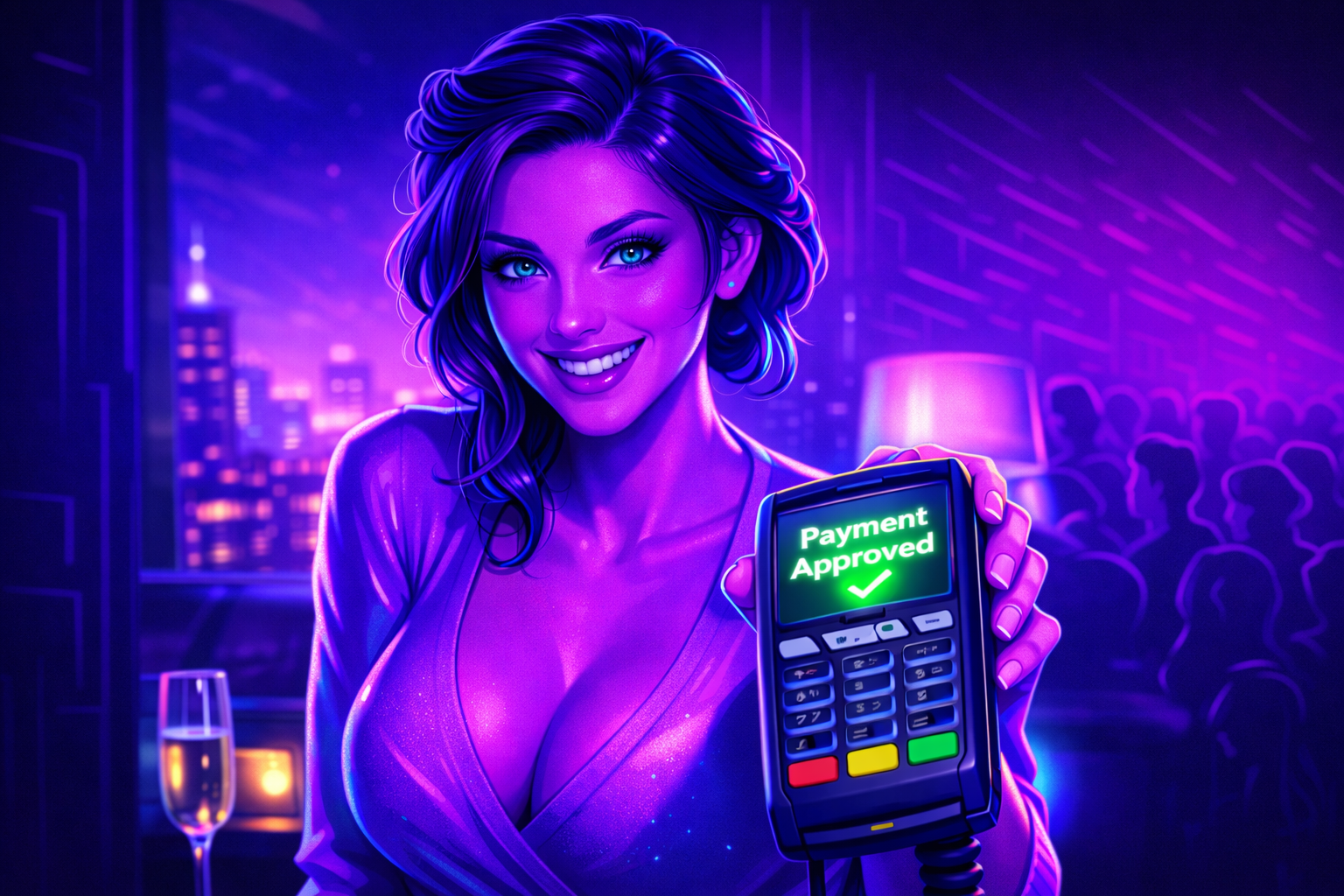 Cyberpunk illustration of a confident woman holding a POS terminal showing Payment Approved for secure escort card payment processing