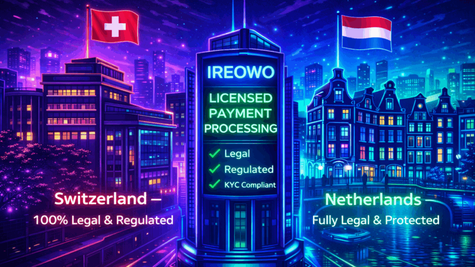 Neon illustration showing legal escort payment processing in Switzerland and the Netherlands with IREOWO licensed payment gateway