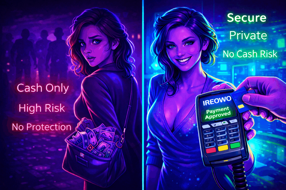 Cyberpunk illustration showing cash only high risk versus secure IREOWO POS payment approved for escort payment processing
