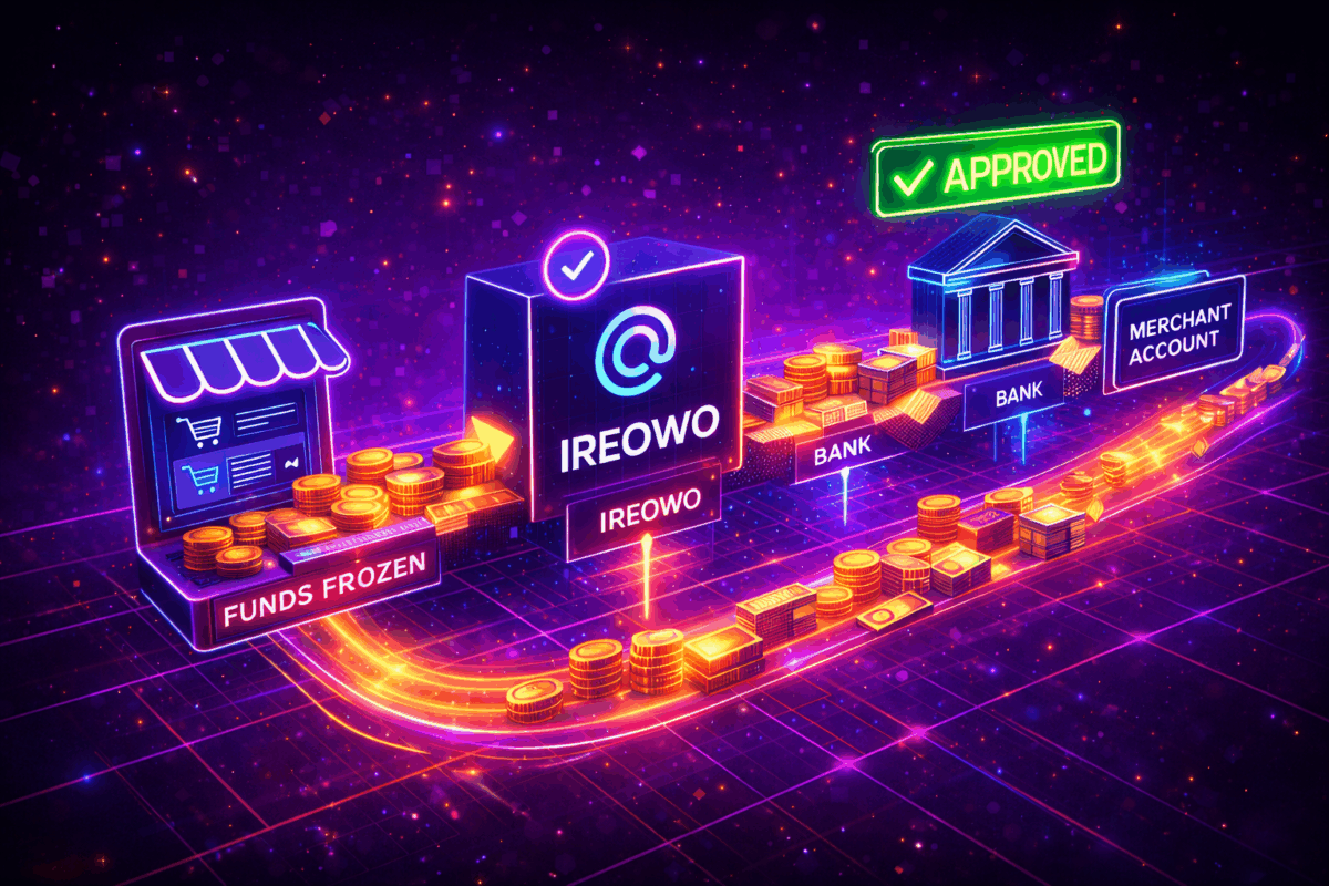 Cyberpunk neon illustration showing ecommerce store payments flowing through Ireowo fintech partner to bank and merchant account with funds approved