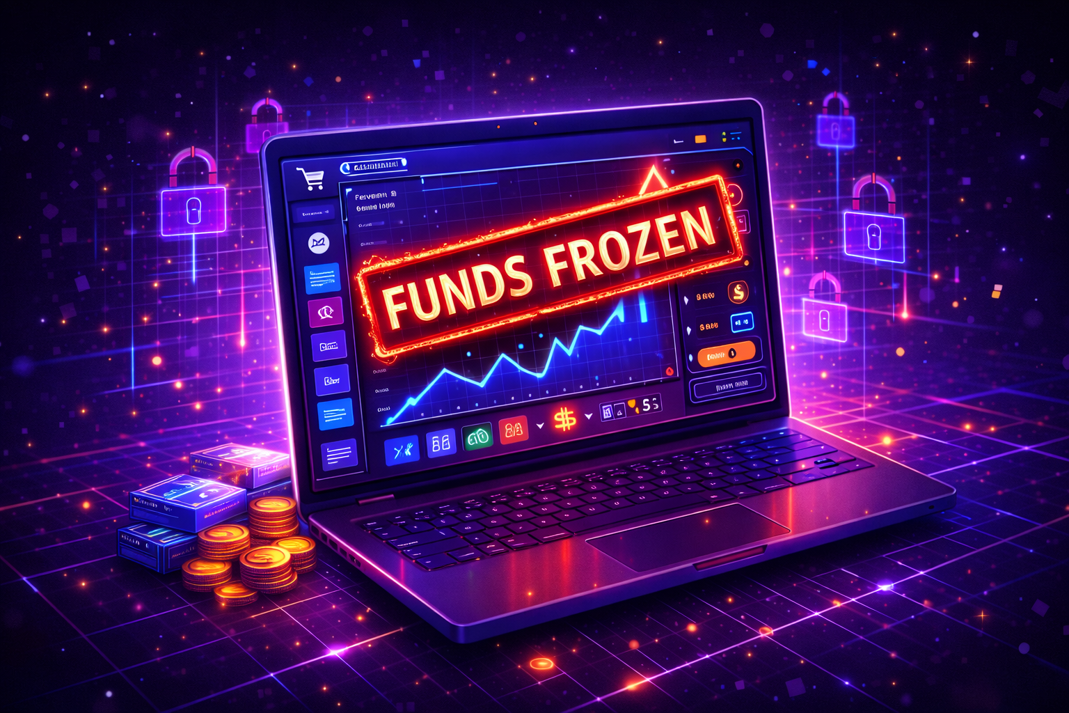 Laptop showing ecommerce dashboard with funds frozen warning in neon cyberpunk fintech style