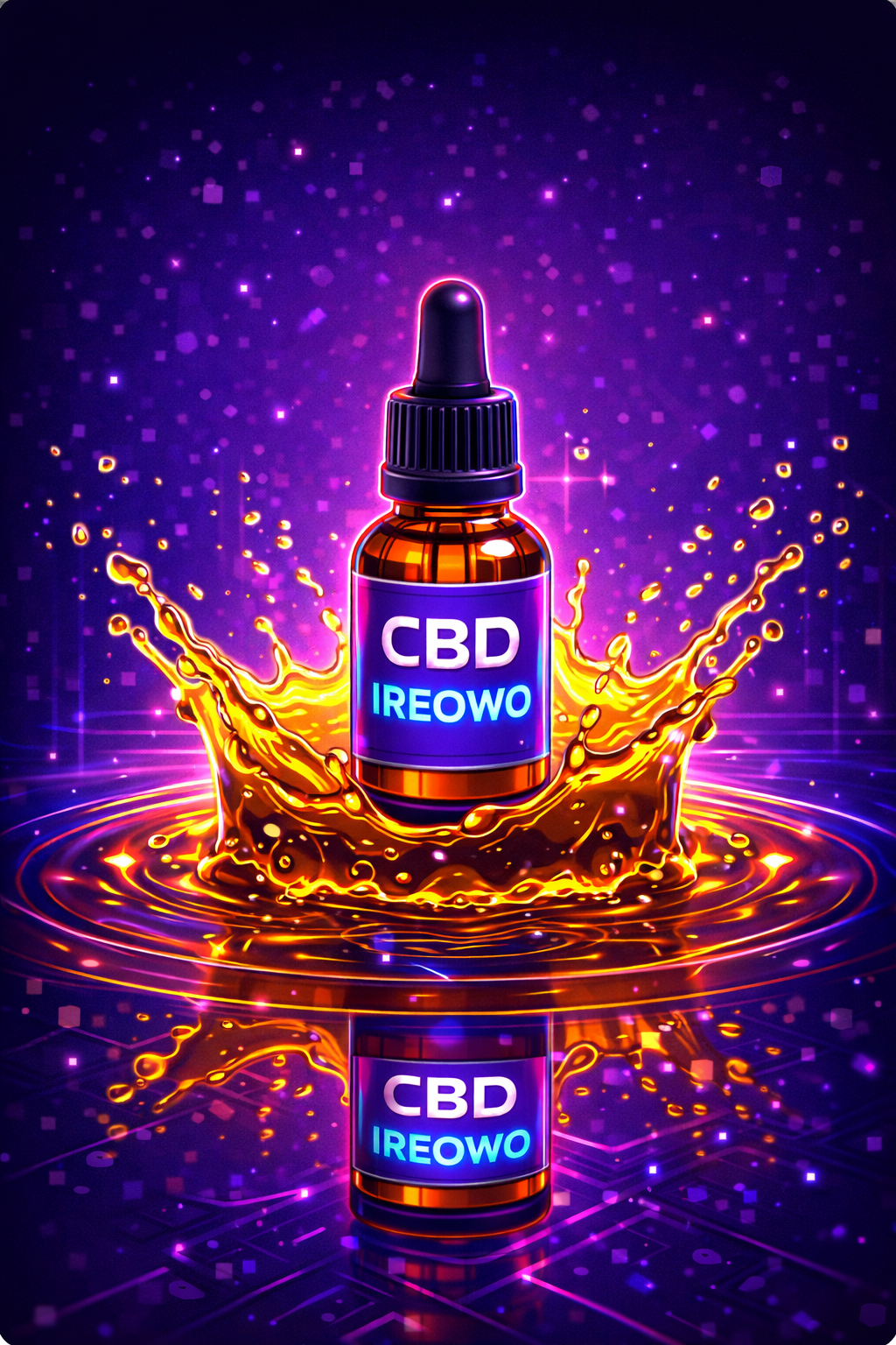 CBD oil bottle splashing into liquid in neon cyberpunk style representing CBD wellness product