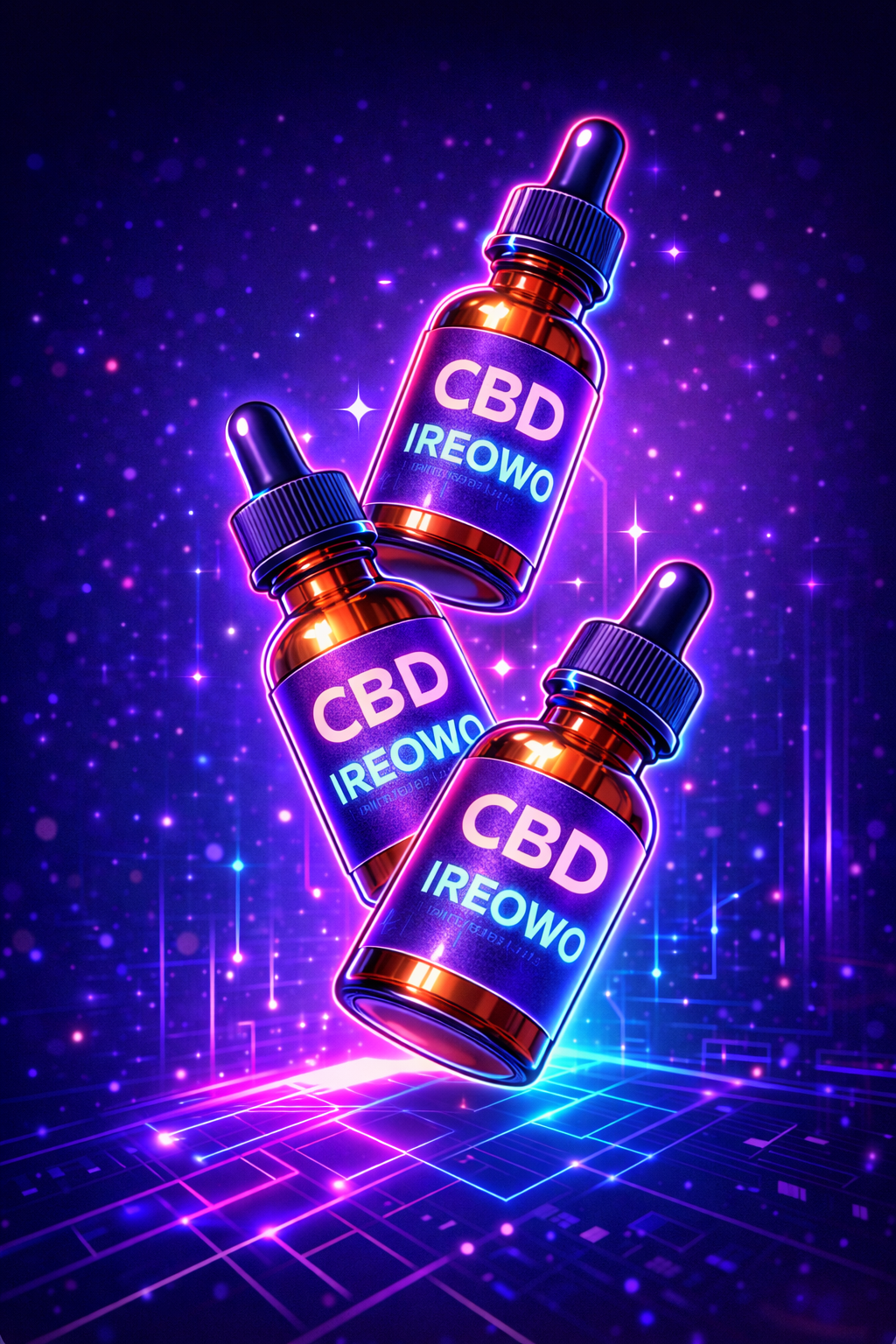 CBD oil bottles floating in neon cyberpunk background representing CBD ecommerce products