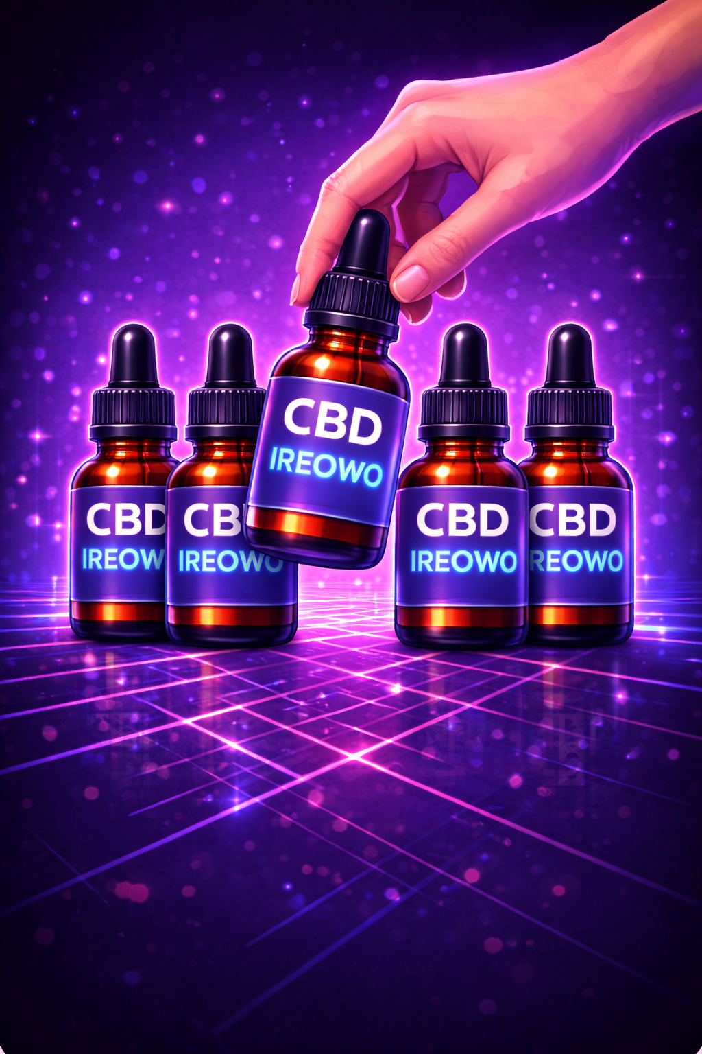 Hand selecting a CBD oil bottle from multiple CBD products in a neon cyberpunk style