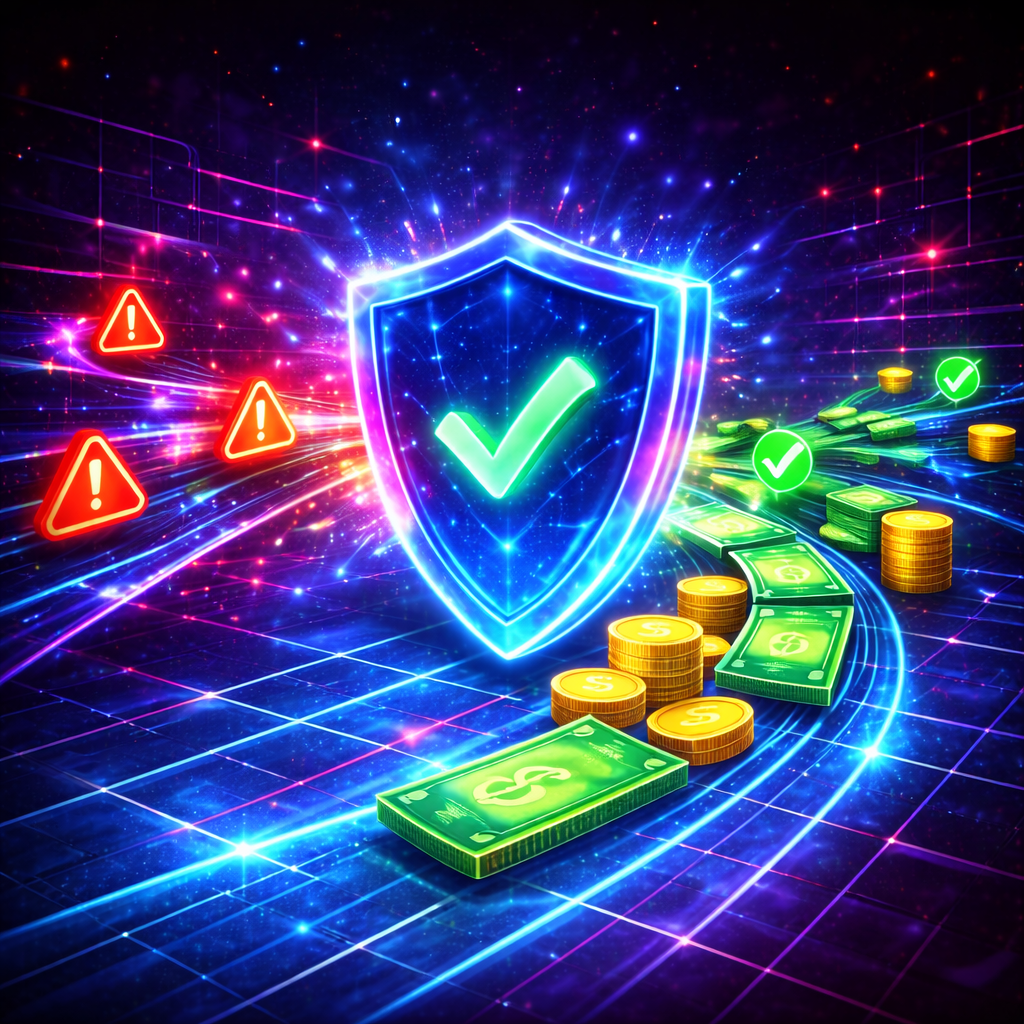 Cyberpunk neon illustration of a digital shield protecting ecommerce payments from chargeback alerts in a futuristic fintech network