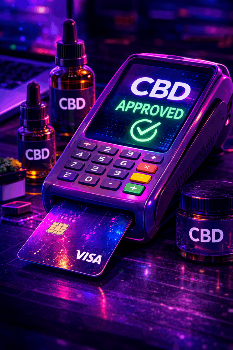 CBD payment terminal showing approved transaction with credit card for online CBD ecommerce