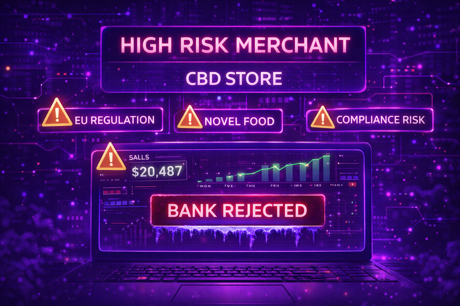 CBD online store labeled as high-risk merchant with bank rejected warning due to EU regulation and novel food compliance risks