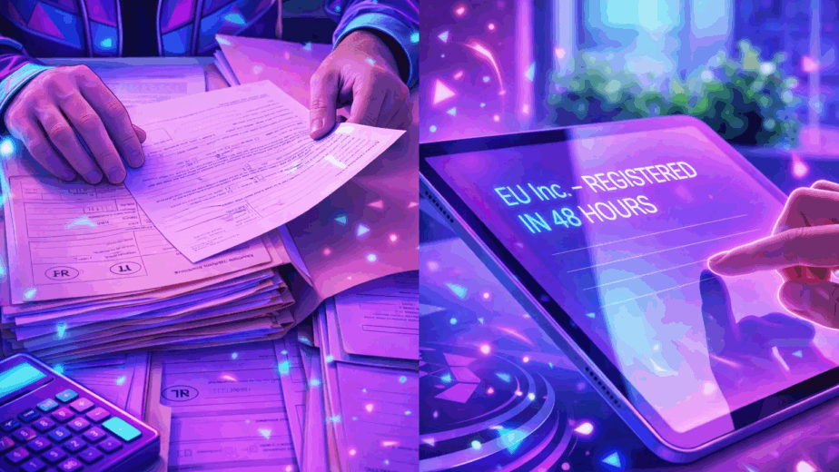 A split-screen illustration contrasting two worlds. The left panel shows a person's hands overwhelmed by mountains of physical paperwork and complex forms, labeled with national initials like FR and NL. The right panel is a sleek close-up of a hand touching a glowing digital tablet displaying clear white text that reads: EU Inc. – REGISTERED IN 48 HOURS. The color palette is neon purple and blue