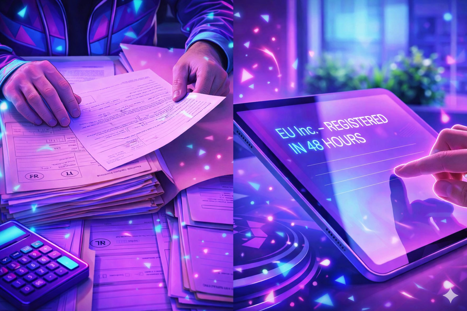 A split-screen illustration contrasting two worlds. The left panel shows a person's hands overwhelmed by mountains of physical paperwork and complex forms, labeled with national initials like FR and NL. The right panel is a sleek close-up of a hand touching a glowing digital tablet displaying clear white text that reads: EU Inc. – REGISTERED IN 48 HOURS. The color palette is neon purple and blue