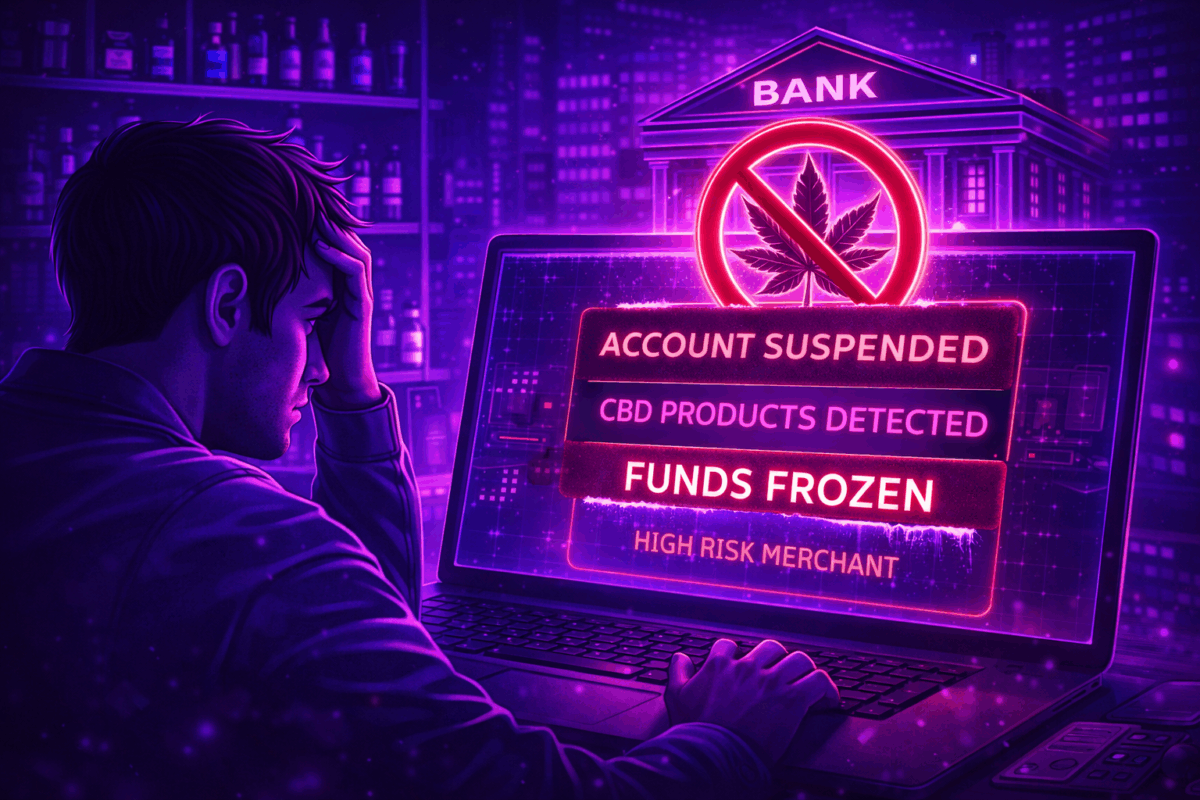 CBD online store owner facing account suspended and funds frozen warning after bank detects CBD products as high-risk merchant
