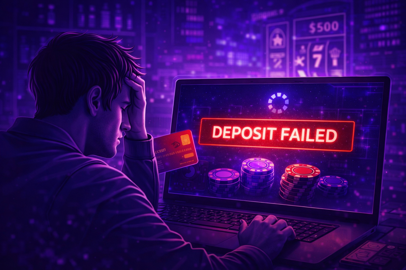Player experiencing a failed casino deposit on an online gambling platform showing “Deposit Failed” error during payment processing