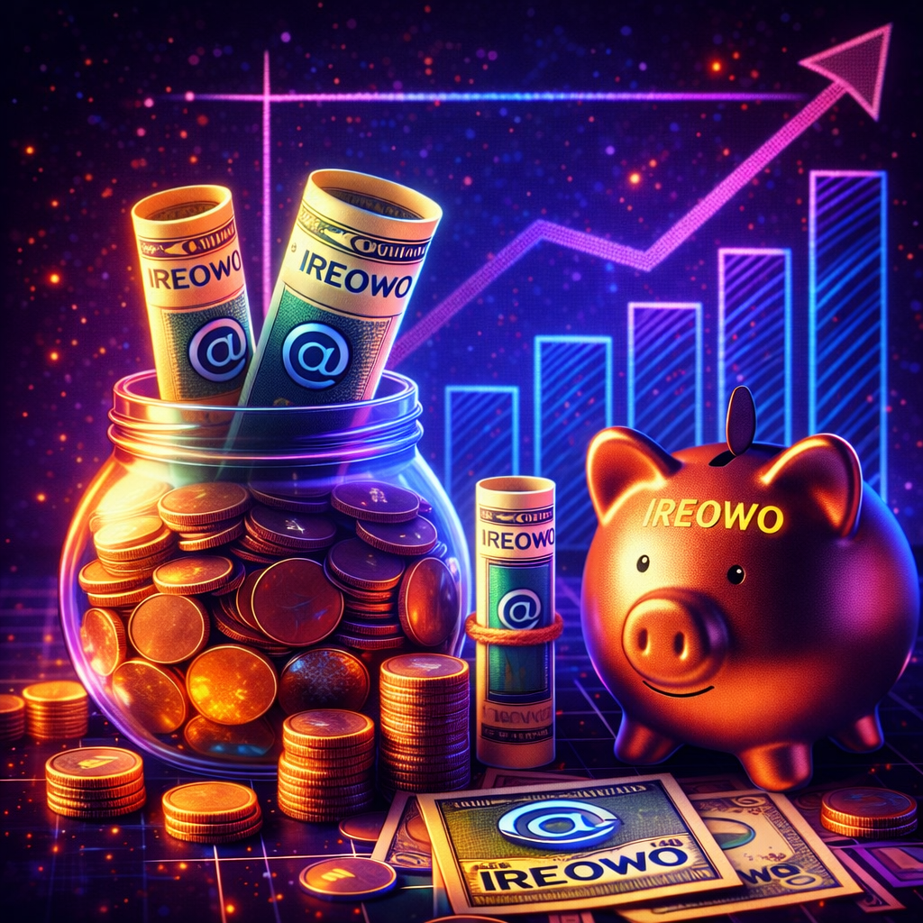 Cyberpunk neon illustration of a jar full of coins and Ireowo bills with a glowing piggy bank labeled Ireowo and a rising financial chart symbolizing ecommerce growth and payment success