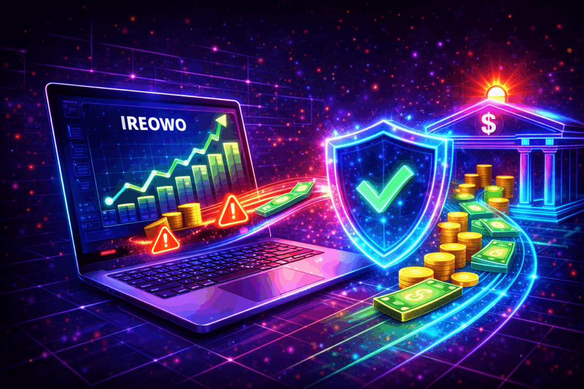 Cyberpunk neon illustration of an ecommerce dashboard labeled Ireowo with payments flowing through a security shield toward a bank representing secure payment processing