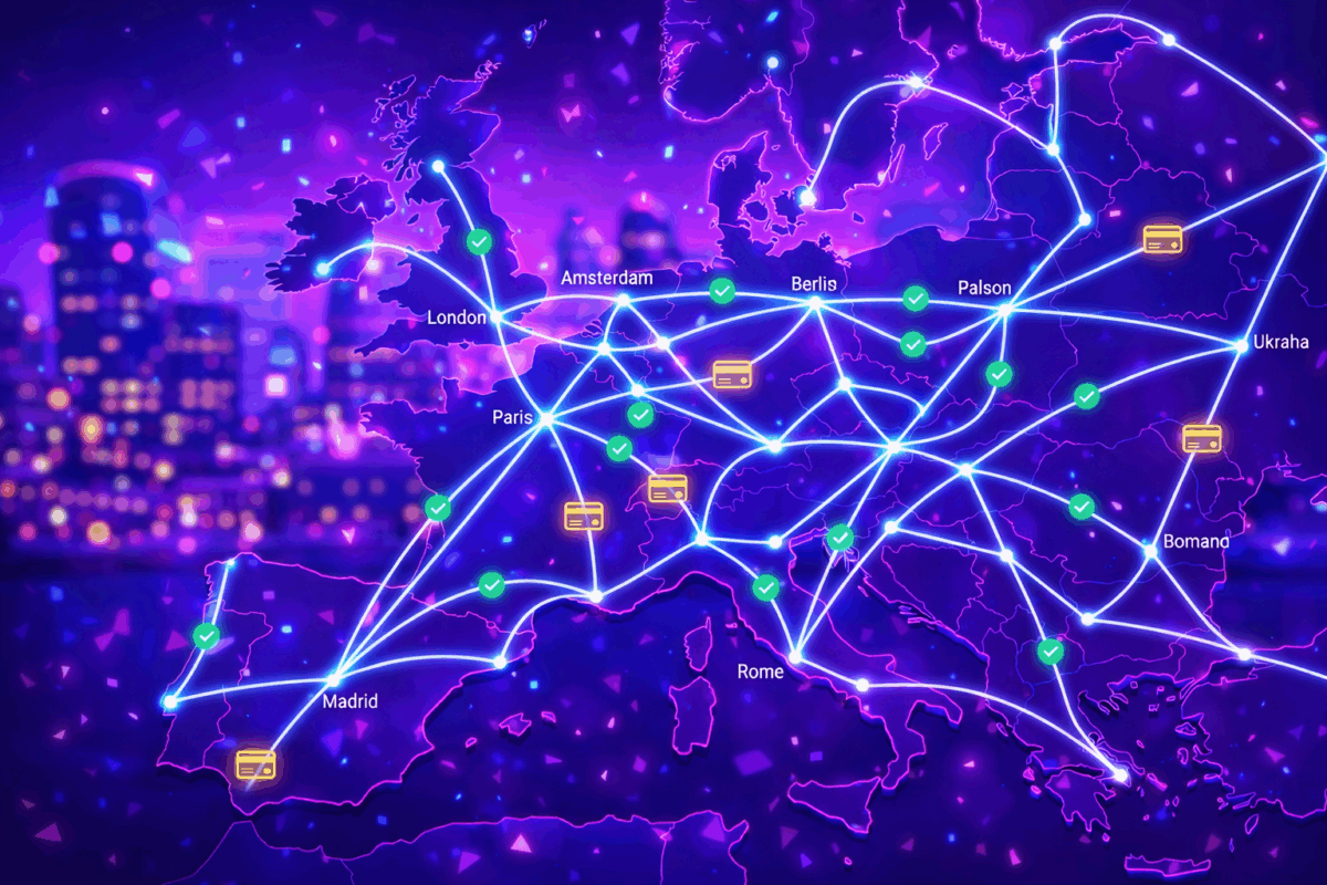 Detailed infographic map of Europe, with glowing blue lines creating a complex payment network connecting major cities including London, Paris, Berlin, Rome, and Amsterdam. Small POS terminals and green checkmark icons indicate successful connection points. Style is neon purple and blue