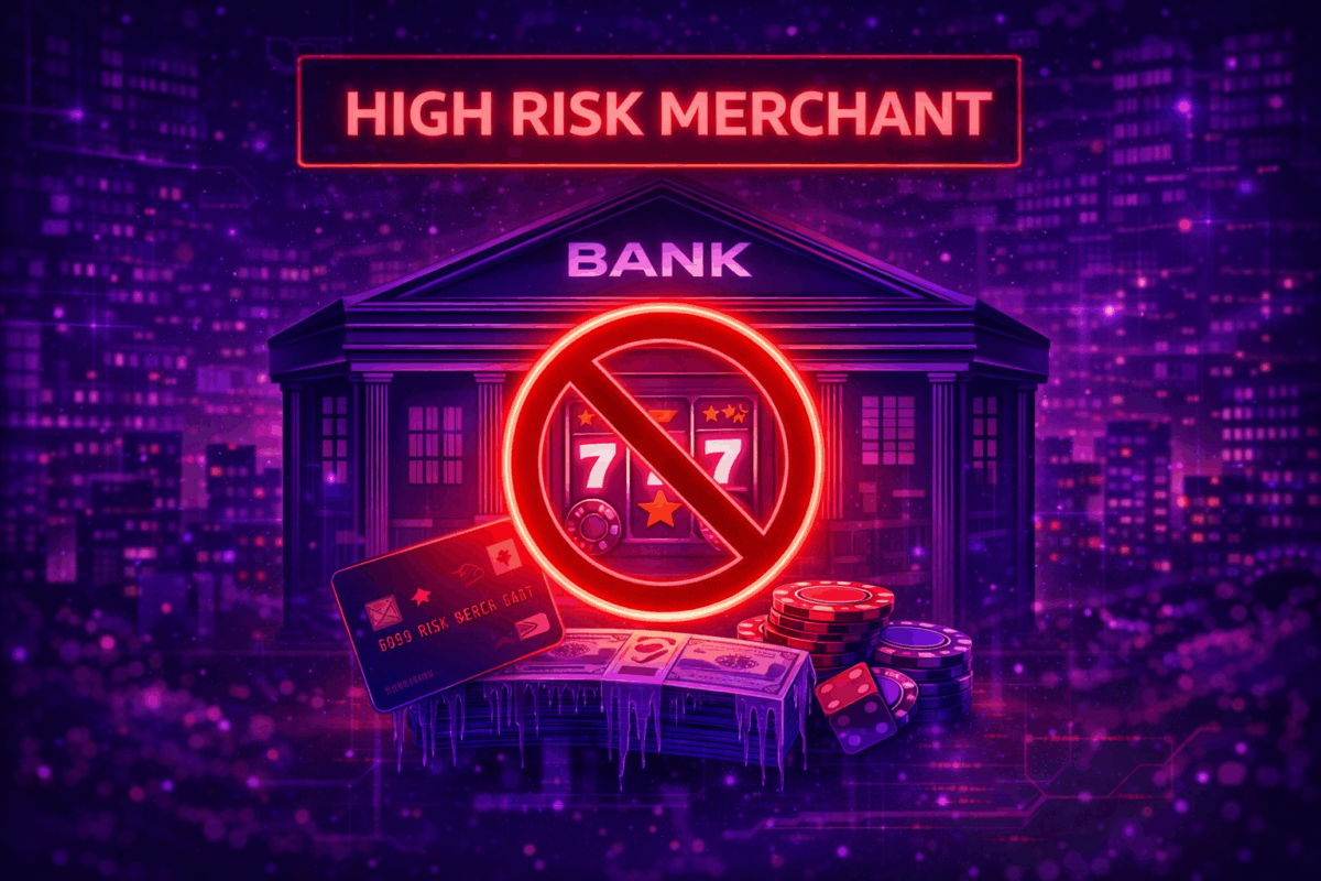 Bank blocking online casino payments labeled as “High Risk Merchant” with gambling symbols and restricted casino transactions.