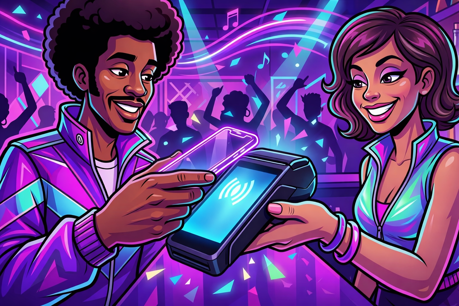 A dynamic, colorful caricature illustration of a transaction inside a neon purple funk bar. A male customer with an afro and geometric jacket holds a transparent phone tapping a black wireless POS terminal held by a smiling female bartender. The terminal screen is glowing and displays clear blocky text: PAYMENT APPROVED. Abstract musical notes and light patterns fill the background