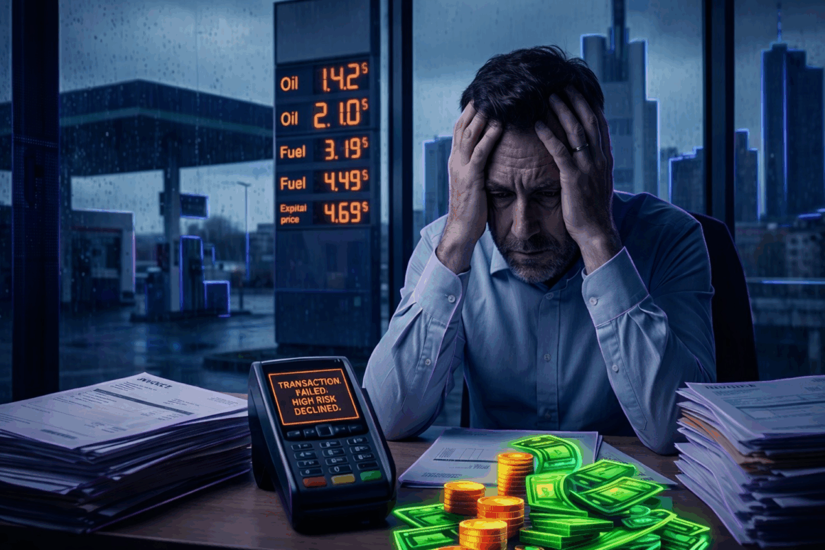 Stressed merchant at a desk with a declined high-risk transaction terminal, neon green money, and rising gas prices outside