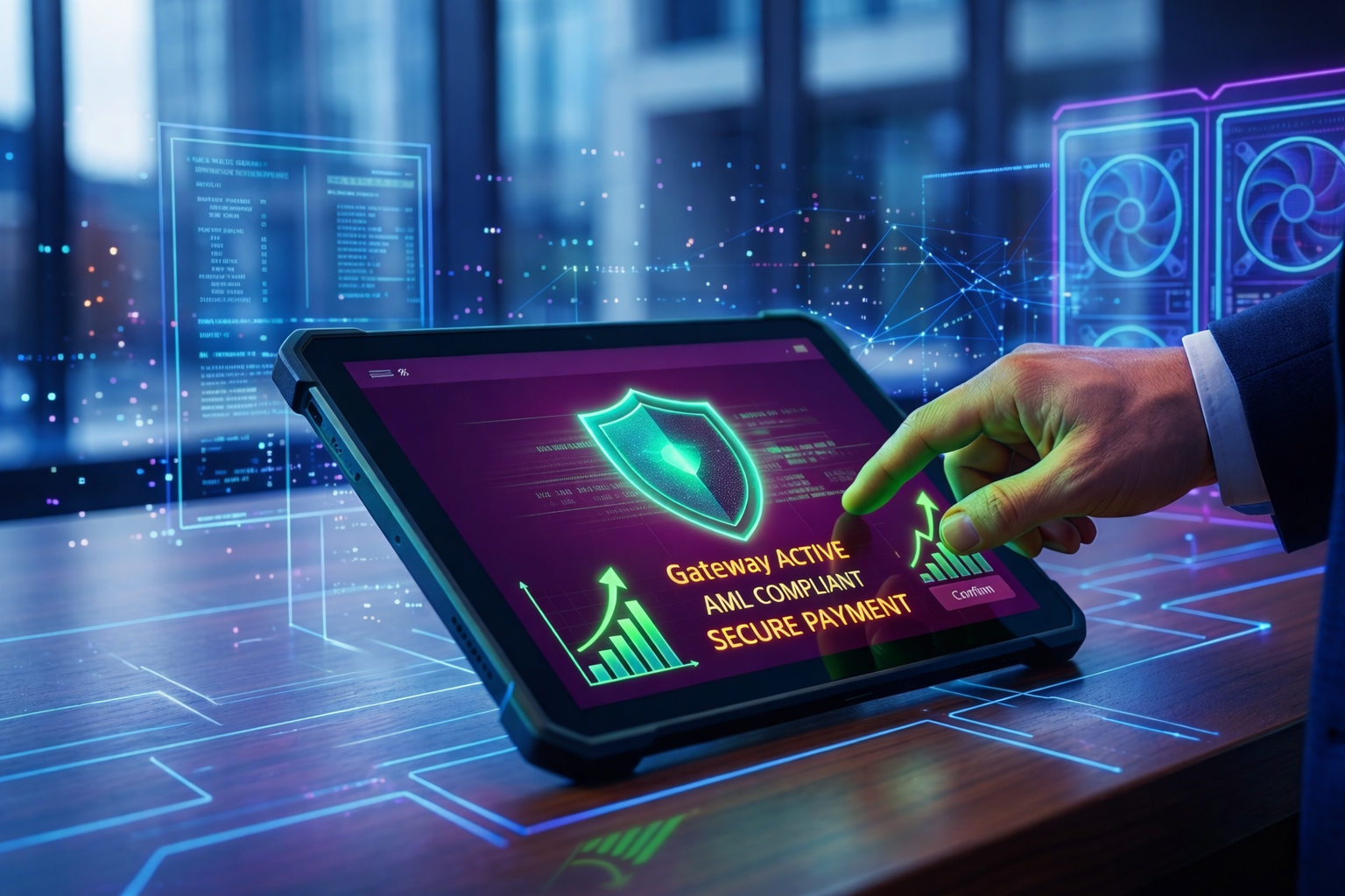 Neon green secure shield on a tablet screen showing Ireowo gateway active for safe B2B payment processing