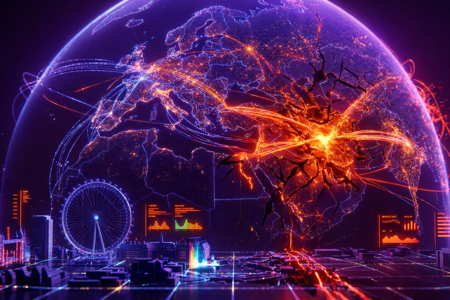 Neon punk digital globe showing a bright red fracture in the Middle East disrupting global payment ecosystem data lines
