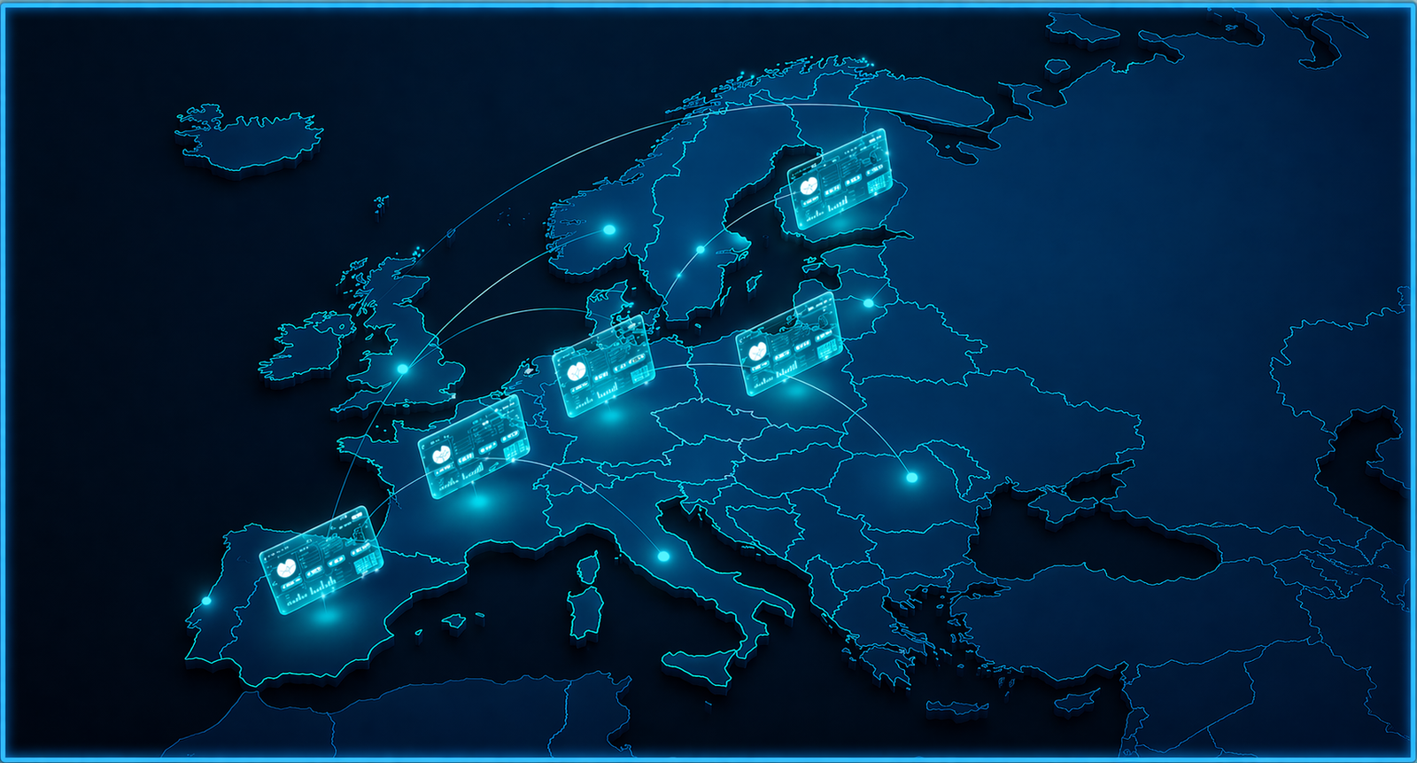 Map of Europe with connected nodes representing an EU-licensed high-risk payment processor network covering major markets