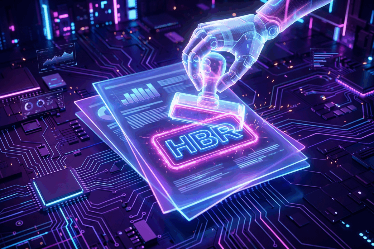 A glowing holographic robotic hand stamping an HBR tag onto digital business documents on a cyberpunk circuit board background