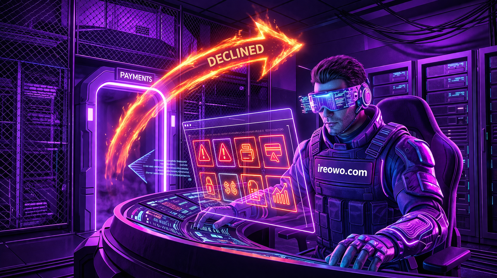 Cyberpunk merchant looking frustrated at a neon console showing declined transactions and TC40 errors for a high risk business