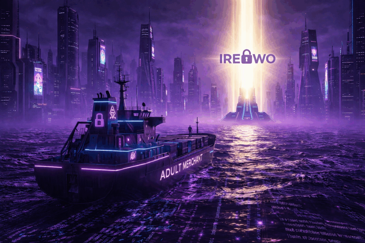 Futuristic adult merchant ship navigating a purple neon data sea towards a glowing lighthouse displaying the Ireowo payment processor solution