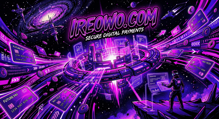 Futuristic illustration of a high-risk payment gateway with credit cards and digital transactions flowing through a secure network Ireowo.com