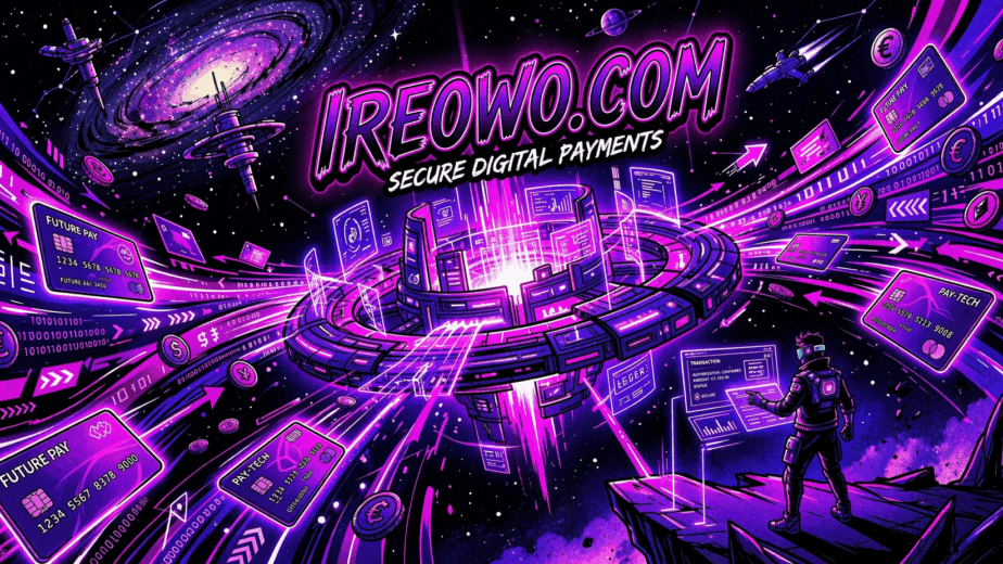Futuristic illustration of a high-risk payment gateway with credit cards and digital transactions flowing through a secure network Ireowo.com