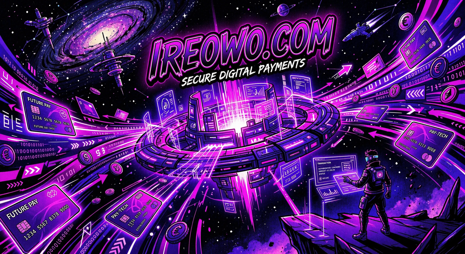 Futuristic illustration of a high-risk payment gateway with credit cards and digital transactions flowing through a secure network Ireowo.com